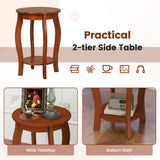 Set of 2 15 Inch 2-Tier Round End Table with Storage Shelf-Walnut