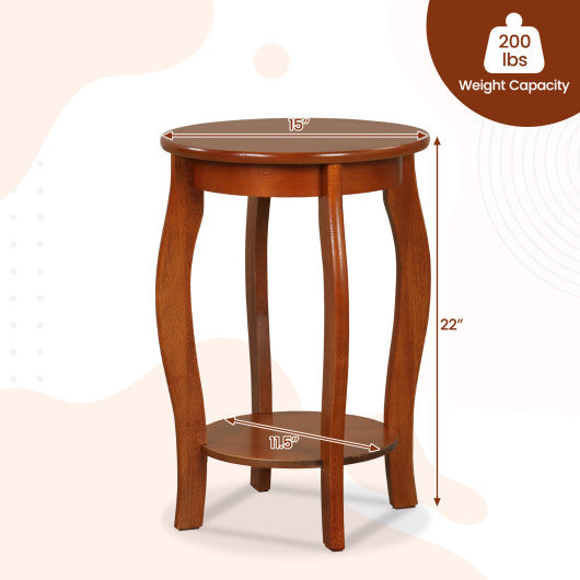 Set of 2 15 Inch 2-Tier Round End Table with Storage Shelf-Walnut