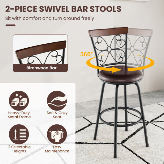 2 Pieces 24-30 Inch Adjustable PU Cushioned Swivel Barstools-Brown