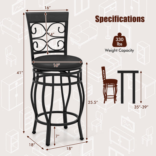 Set of 2 26 Inch Bar Stool with Backrest and Footrest-Black
