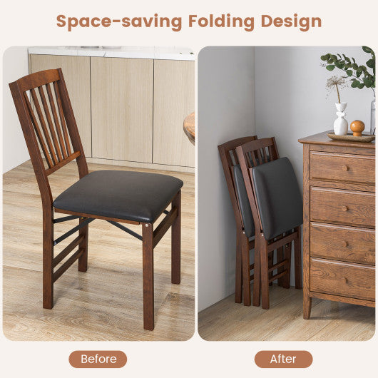 Set of 2 Folding Chairs with Padded Seat and Rubber Wood Frame-Brown