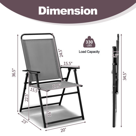 Set of 2 Outdoor Folding Sling Chairs with Armrest and Backrest-Gray