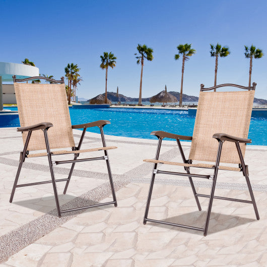 Set of 2 Patio Folding Sling Back Camping Deck Chairs-Beige