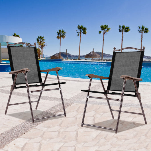 Set of 2 Patio Folding Sling Back Camping Deck Chairs-Black