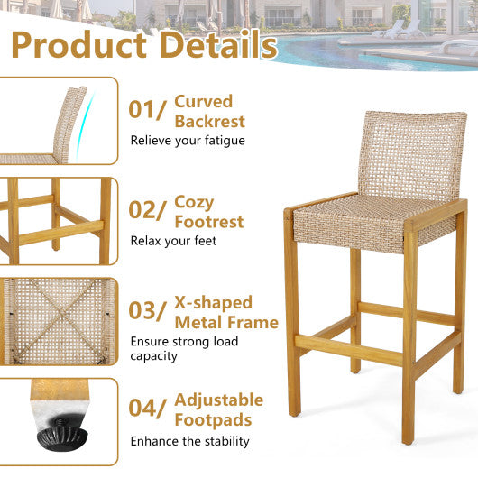 Set of 2 Rattan Patio Wood Barstools Dining Chairs with Backrest-Set of 2