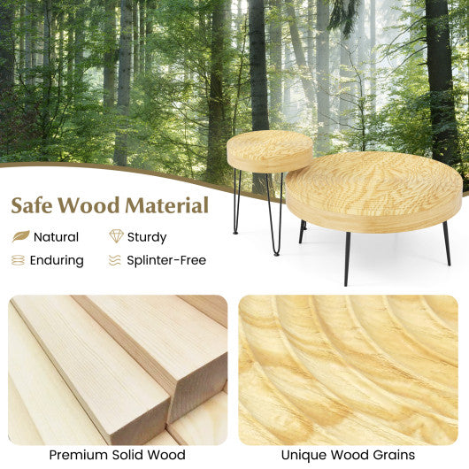 Set of 2 Solid Wood Farmhouse Round Coffee Tables-Natural