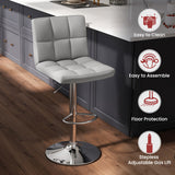 Set of 2 Square Swivel Adjustable Bar Stools with Back and Footrest-Gray