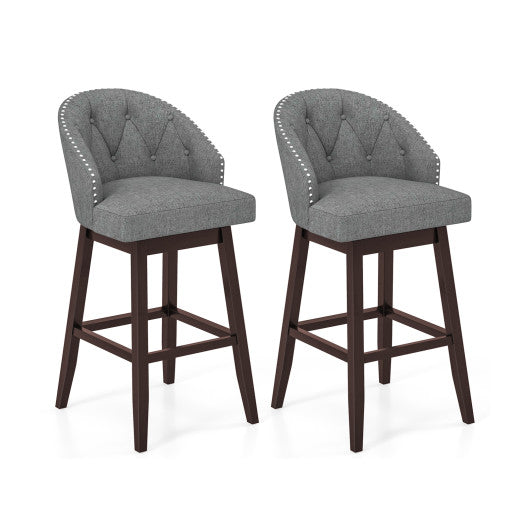 Set of 2 Swivel Bar Stools with Rubber Wood Legs and Padded Back-Gray
