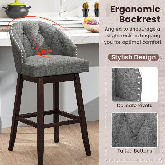 Set of 2 Swivel Bar Stools with Rubber Wood Legs and Padded Back-Gray