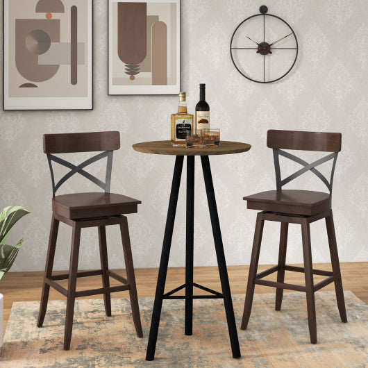 Set of 2 Wooden Swivel Bar Stools with Open X Back and Footrest-29 inches