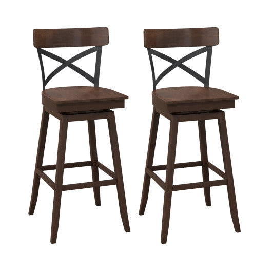 Set of 2 Wooden Swivel Bar Stools with Open X Back and Footrest-29 inches