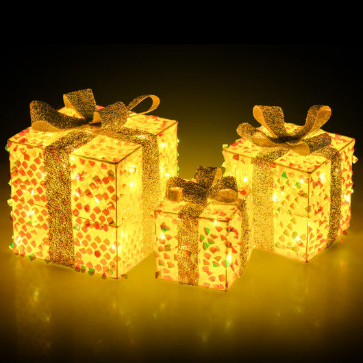 Set of 3 Christmas Lighted Gift Boxes with Pre-lit 90 LED Light and Bows