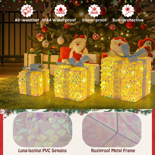 Set of 3 Christmas Lighted Gift Boxes with Pre-lit 90 LED Light and Bows