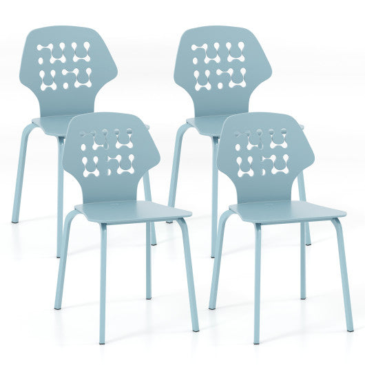Set of 4 Metal Dining Chair with Hollowed Backrest and Metal Legs-Blue