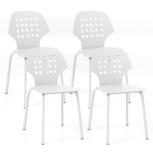 Set of 4 Metal Dining Chair with Hollowed Backrest and Metal Legs-White
