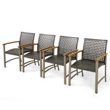 Set of 4 Patio Rattan Dining Chairs with Acacia Wood Armrests-Set of 4