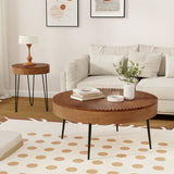 Set of 2 Boho Round Coffee Table with Solid Pine Wood Top and Metal Legs-Brown