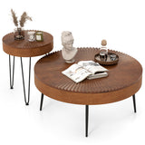 Set of 2 Boho Round Coffee Table with Solid Pine Wood Top and Metal Legs-Brown