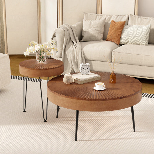 Set of 2 Boho Round Coffee Table with Solid Pine Wood Top and Metal Legs-Brown