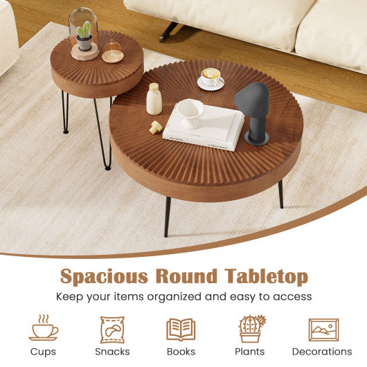 Set of 2 Boho Round Coffee Table with Solid Pine Wood Top and Metal Legs-Brown