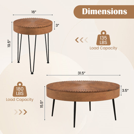 Set of 2 Boho Round Coffee Table with Solid Pine Wood Top and Metal Legs-Brown