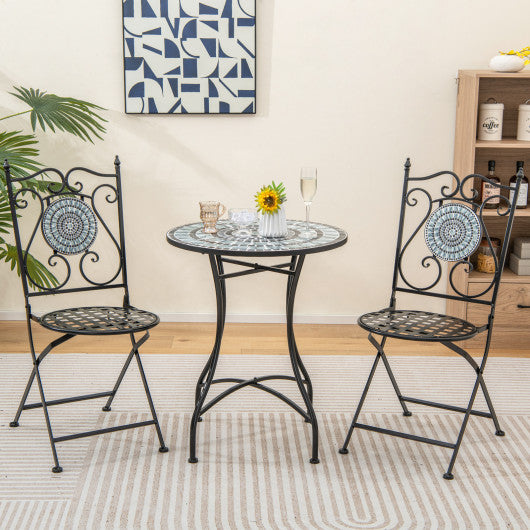 Set of 2 Mosaic Chairs for Patio Metal Folding Chairs-Black & Blue