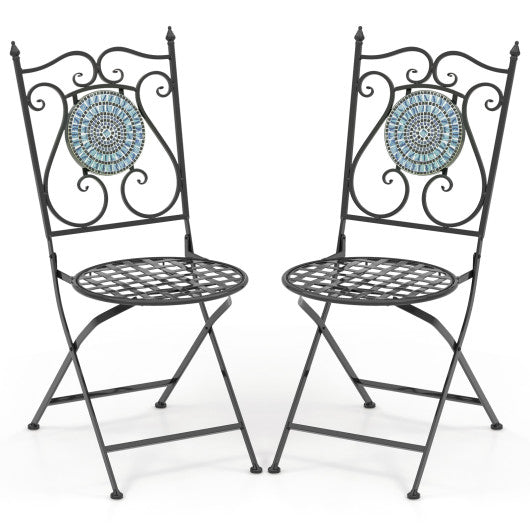 Set of 2 Mosaic Chairs for Patio Metal Folding Chairs-Black & Blue