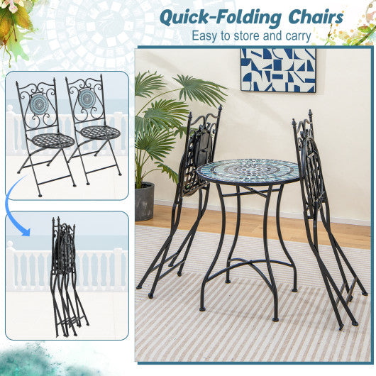 Set of 2 Mosaic Chairs for Patio Metal Folding Chairs-Black & Blue