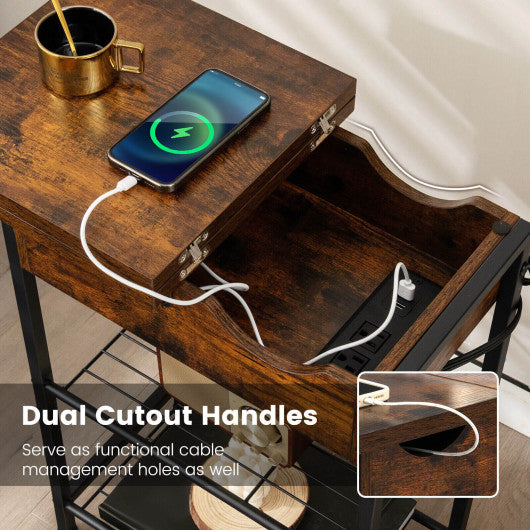 Side End Table with Charging Station Flip-Up Top for Living Room-Rustic Brown