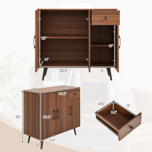 Sideboard Cabinet with 3 Doors and Pull out Drawer Adjustable Shelves-Walnut