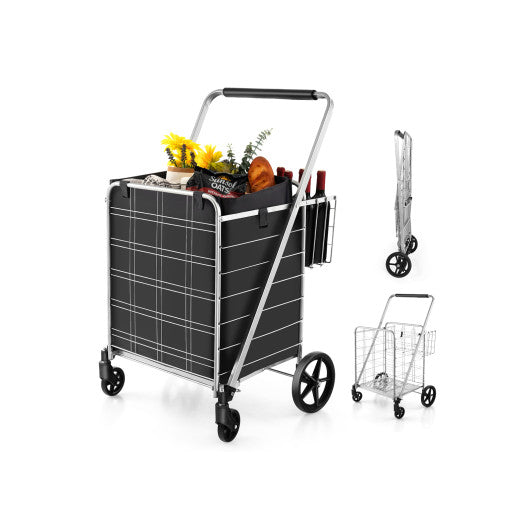 Folding Shopping Cart with Waterproof Liner Wheels and Basket-Silver
