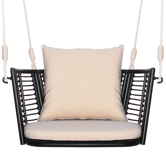 Single Person Hanging Seat with Woven Rattan Backrest for Backyard