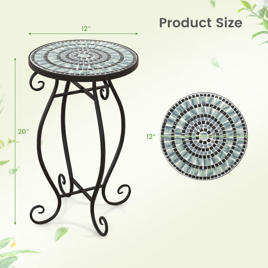 Small Plant Stand with Weather Resistant Ceramic Tile Tabletop-Black & Smoke Blue