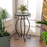 Small Plant Stand with Weather Resistant Ceramic Tile Tabletop-Black & White