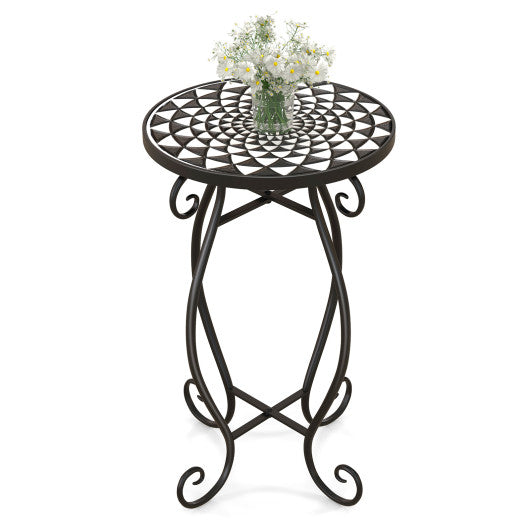 Small Plant Stand with Weather Resistant Ceramic Tile Tabletop-Black & White