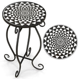 Small Plant Stand with Weather Resistant Ceramic Tile Tabletop-Black & White