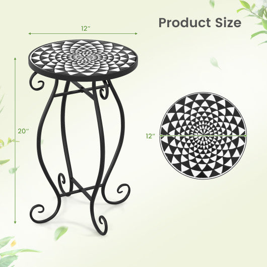 Small Plant Stand with Weather Resistant Ceramic Tile Tabletop-Black & White