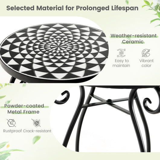 Small Plant Stand with Weather Resistant Ceramic Tile Tabletop-Black & White