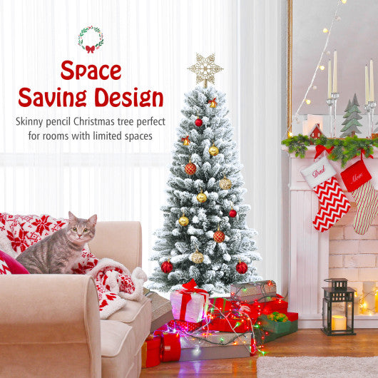 Snow-Flocked Hinged Artificial Christmas Pencil Tree with Mixed Tips-4.5 ft