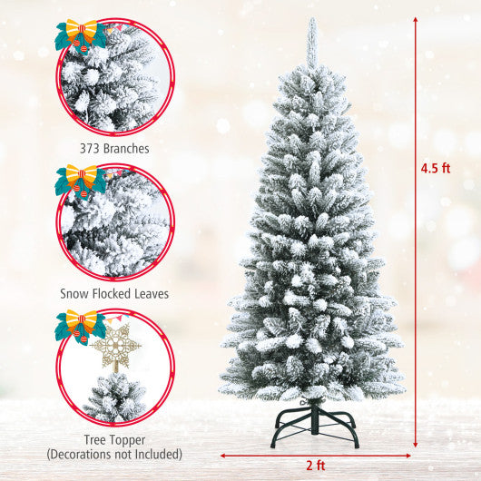 Snow-Flocked Hinged Artificial Christmas Pencil Tree with Mixed Tips-4.5 ft