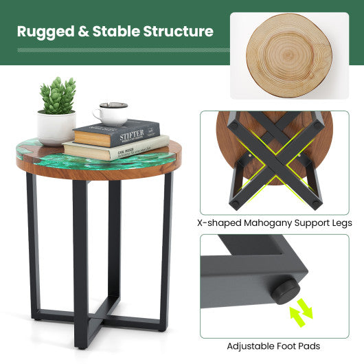 Solid Live Edge Round Teak Wood Outdoor End Table with Epoxy Resin Tabletop