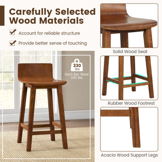 Wood Bar Stools Set of 2 with Solid Back and Seat-Brown