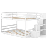 Solid Wood Full Over Full Low Bunk Bed with Storage Stairs-White