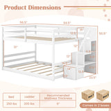 Solid Wood Full Over Full Low Bunk Bed with Storage Stairs-White