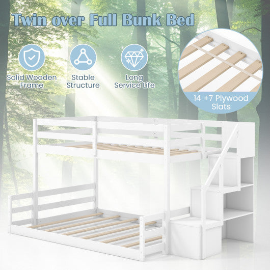 Solid Wood Twin Over Full Low Bunk Bed with Storage Stairs-White