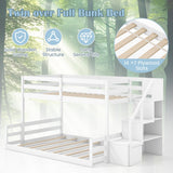 Solid Wood Twin Over Full Low Bunk Bed with Storage Stairs-White