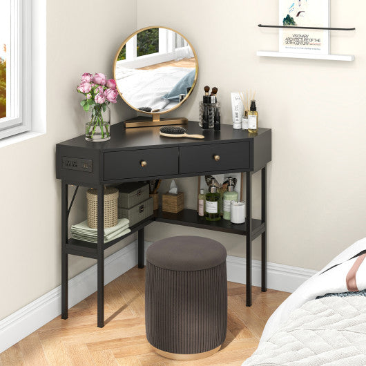 Triangle Corner Desk with Charging Station with 2 Drawers and Storage Shelf-Black