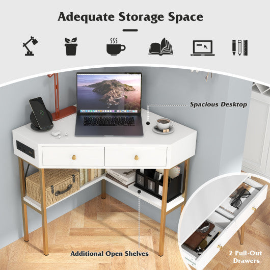 Triangle Corner Desk with Charging Station with 2 Drawers and Storage Shelf-White
