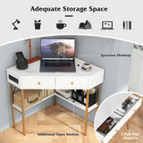 Triangle Corner Desk with Charging Station with 2 Drawers and Storage Shelf-White