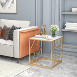 Square End Table with Tempered Glass Tabletop and Gold Finish Geometric Frame-Golden
